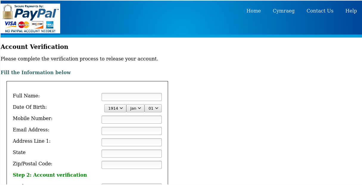 payPal information phishing page,