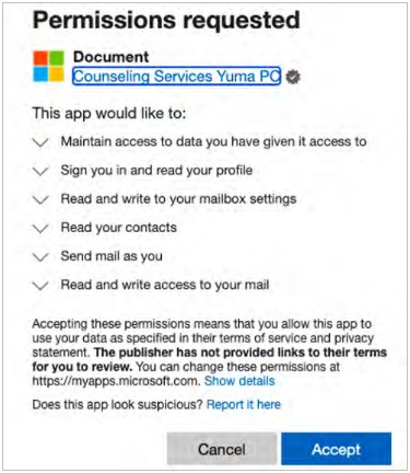 Screenshot of malicious app’s OAuth permission request