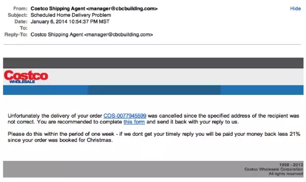 Example of Phishing Email from Costco