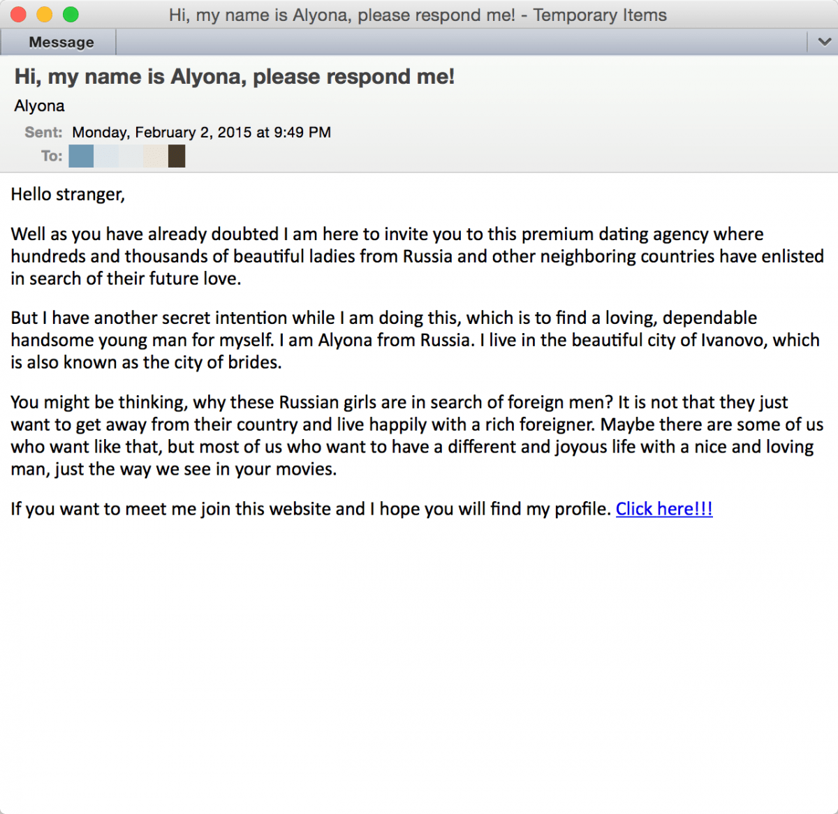 Unsolicited email scam message
