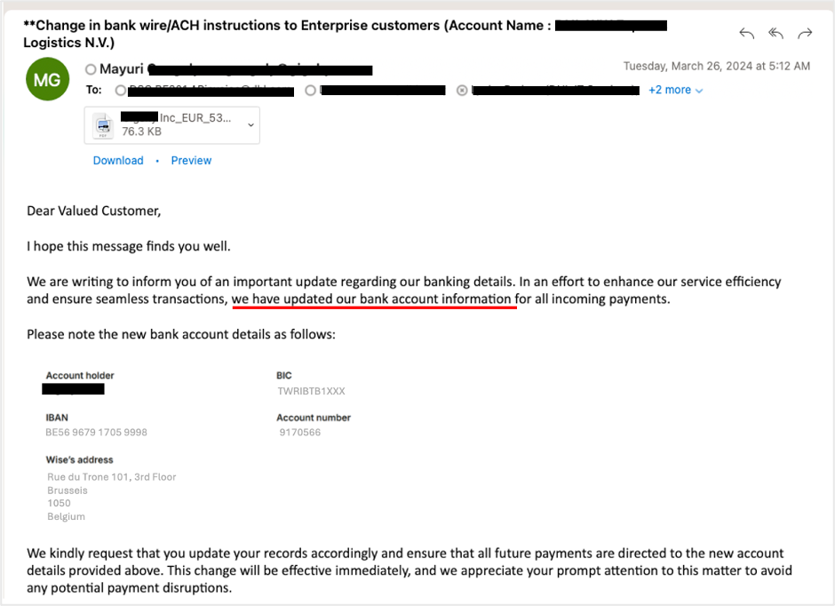 Example of attacker using a compromised supplier account to launch a supplier invoicing fraud attack.