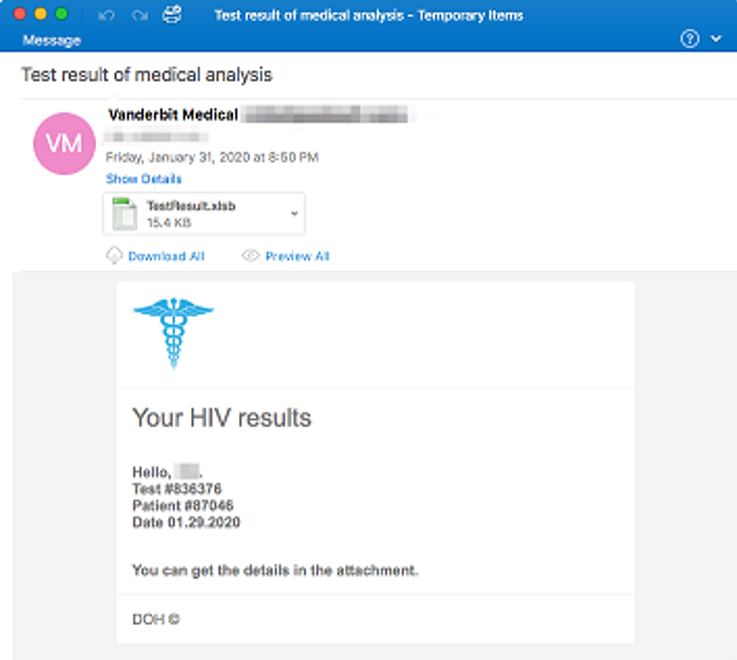 Email with fake HIV test results encouraging users to open a malicious attachment