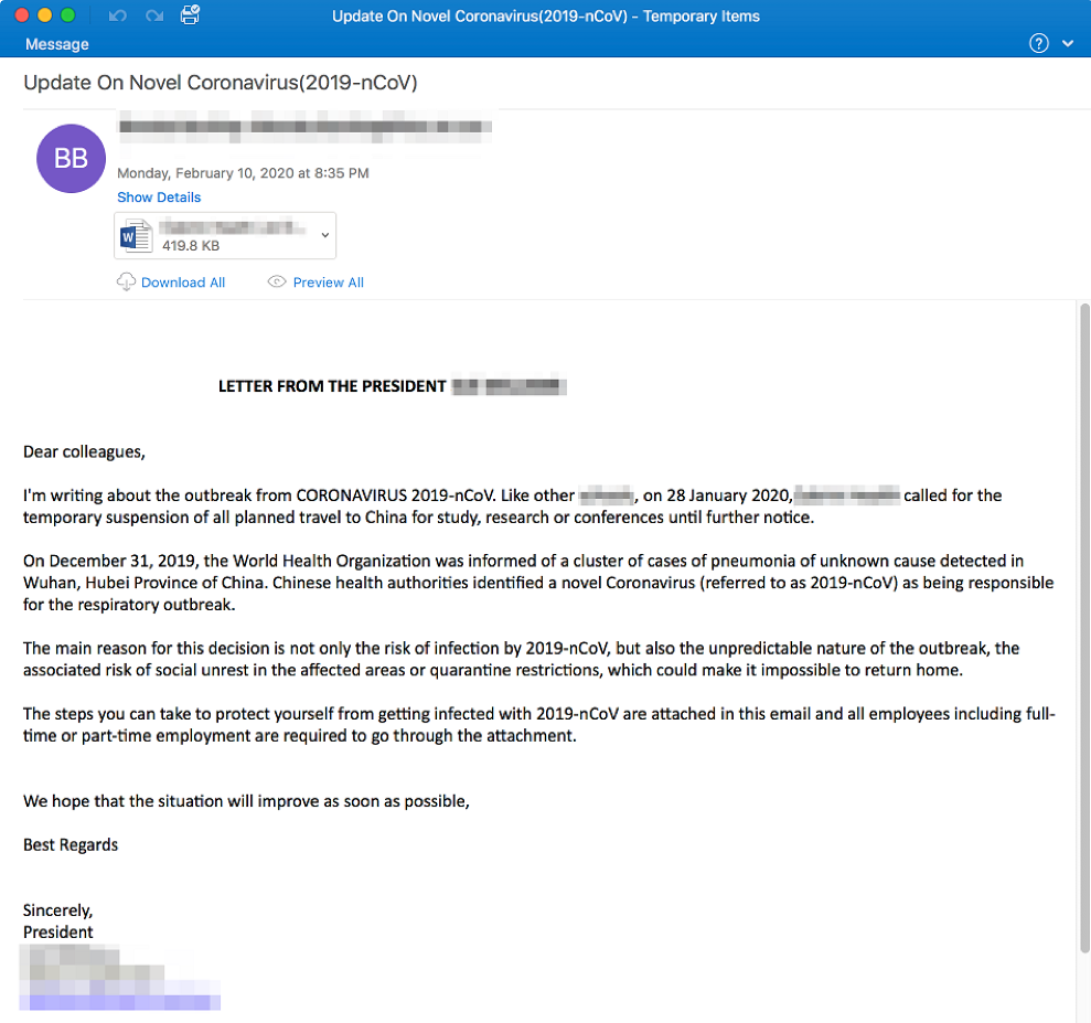 Fake Internal Email from an Organization’s President on Coronavirus