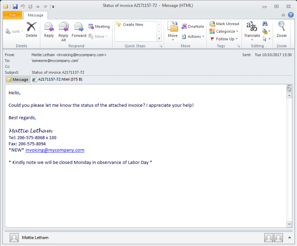 Lure email with .html attachment