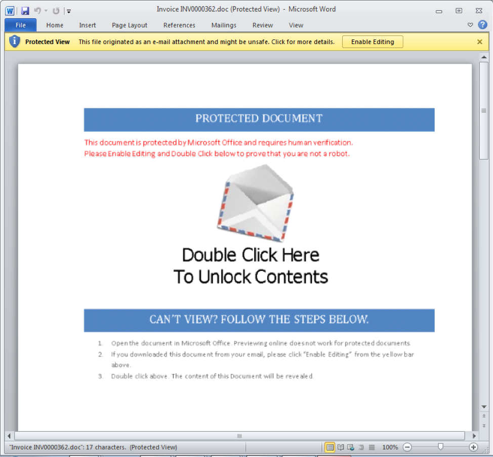 Microsoft Word document with embedded malicious .lnk file