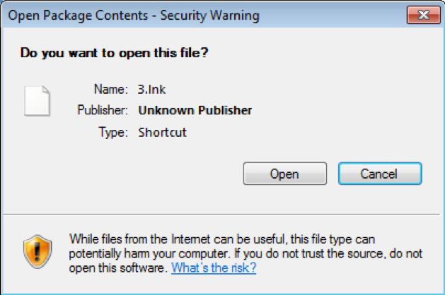 Security dialog for embedded .lnk file