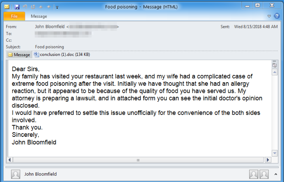 Message including information about food poisoning incident and delivering PoshAdvisor