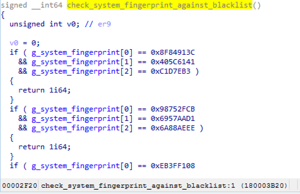 Snippet of code showing AdvisorsBot comparing victim machine’s SID to blacklist