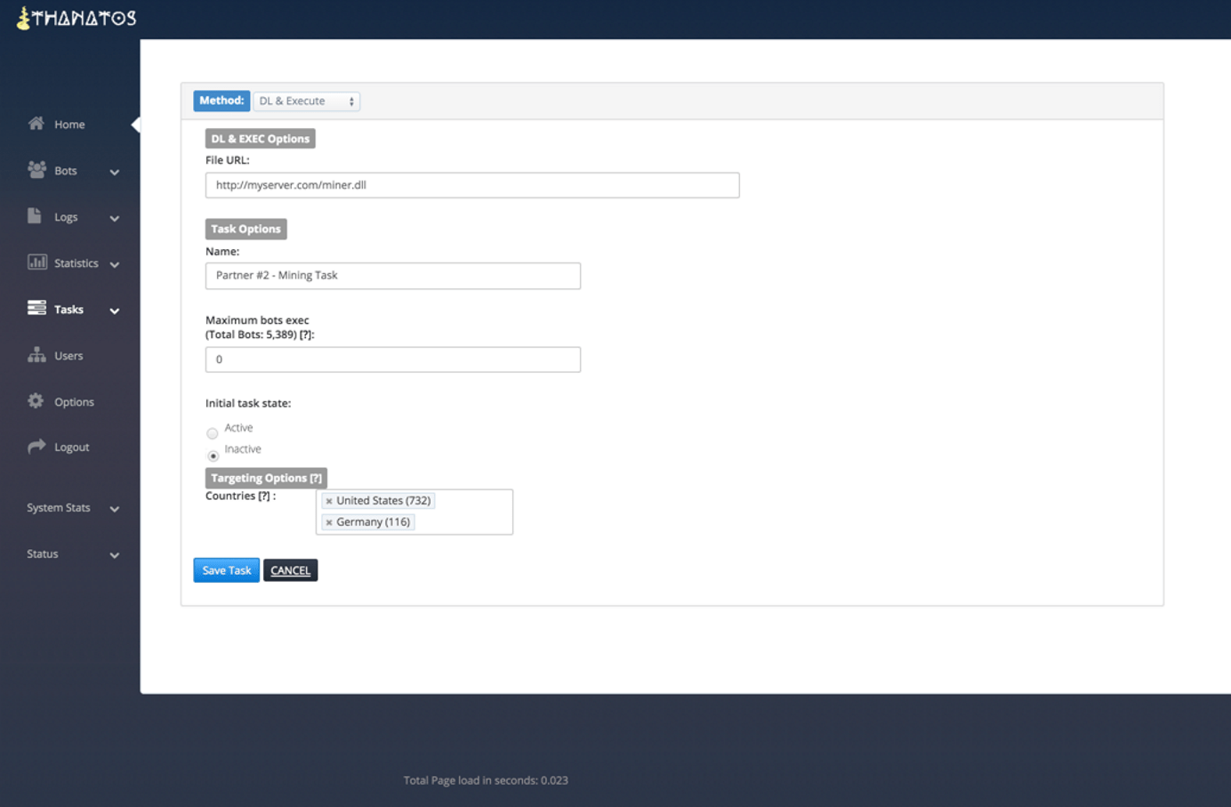 Thanatos C&C create a task page