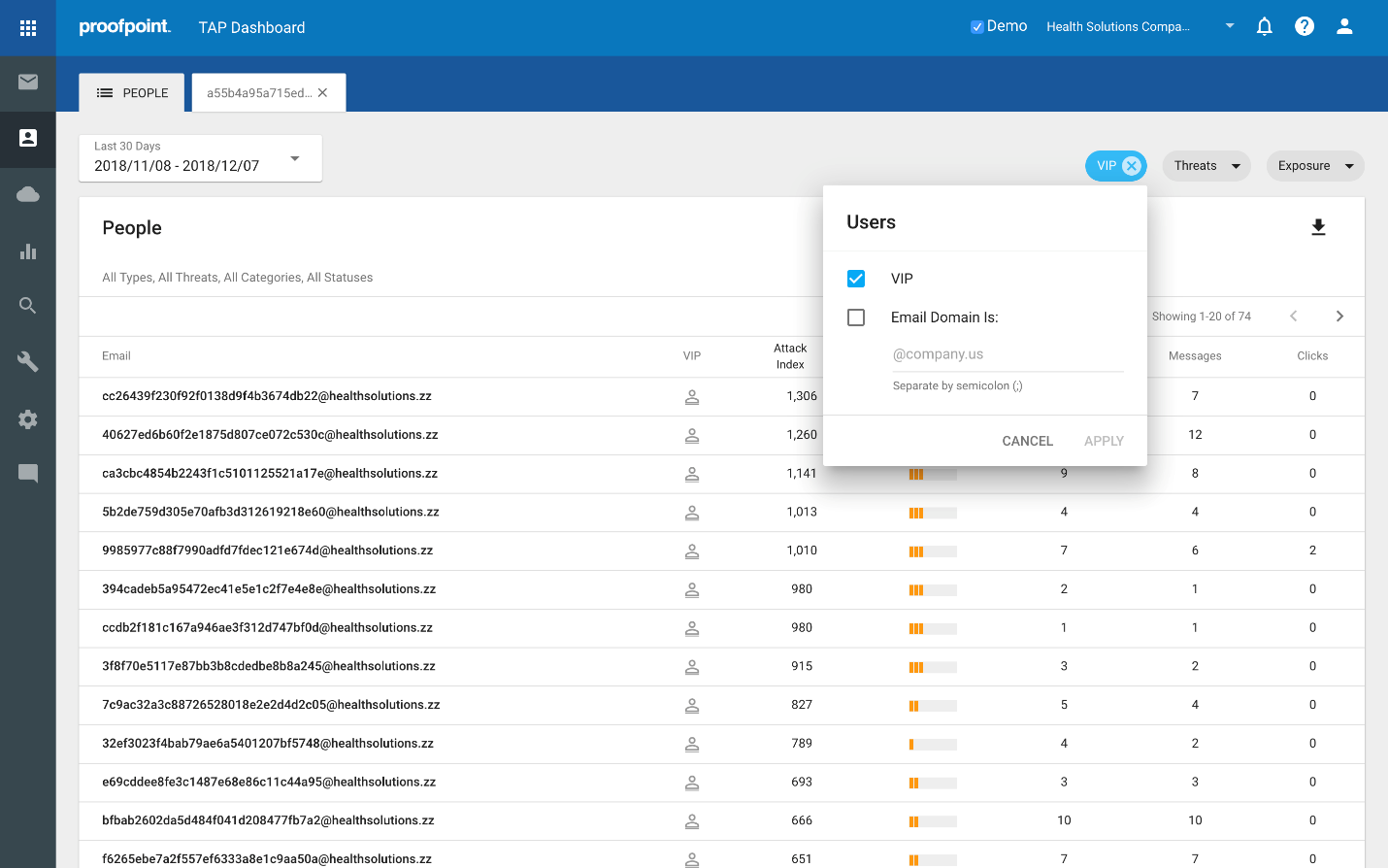 Proofpoint TAP dashboard viewing VIP's that are VAP's