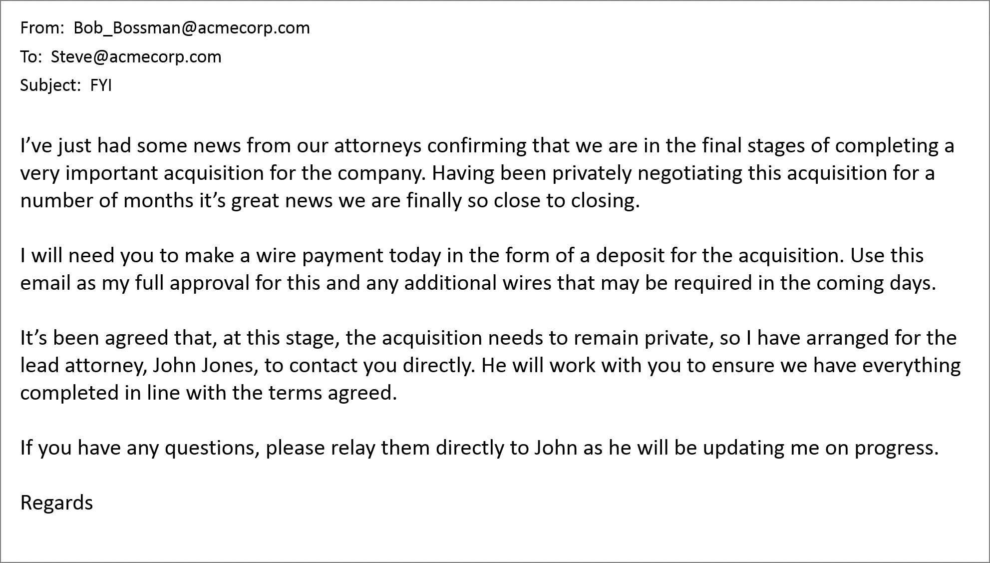 Fake business email compromise (BEC) email from a false approving personality