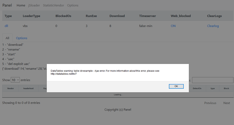BrushaLoader C&C panel - Commands/Tasks