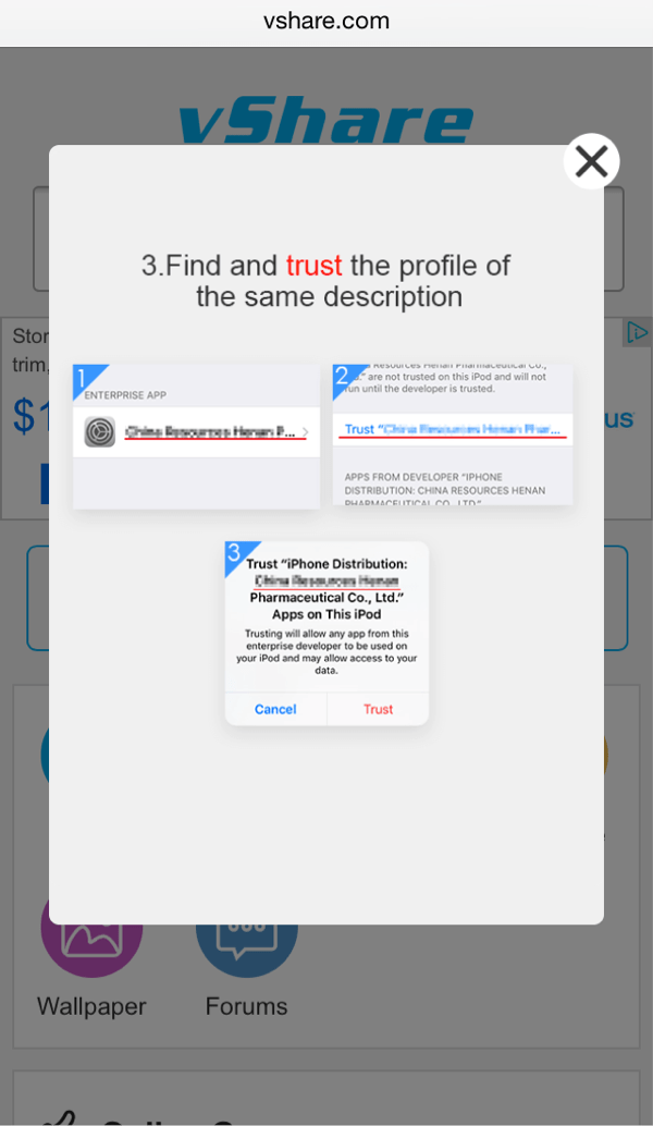 Instructions to end-user to enable trust of apps from unofficial app stores