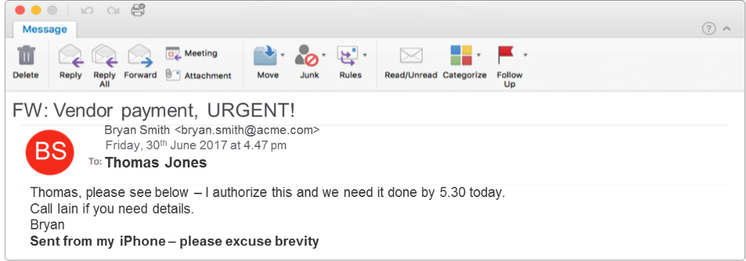 Example of an email fraud attack using an authoritarian approach