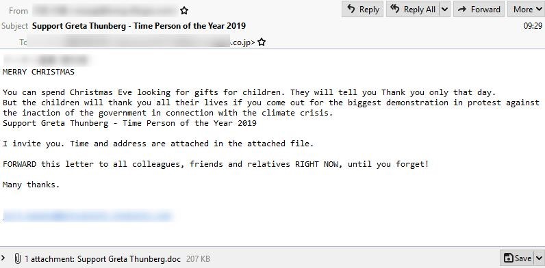 Malicious Email Sample in English Highlighting Greta Thunberg