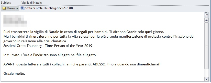 Malicious Email Sample in Italian Highlighting Greta Thunberg