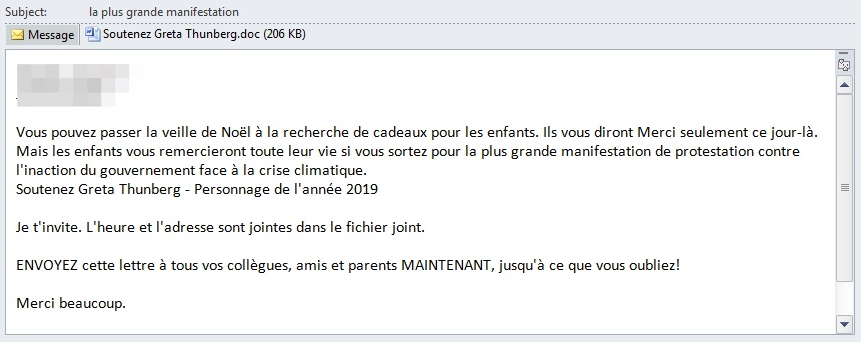 Malicious Email Sample in French Highlighting Greta Thunberg