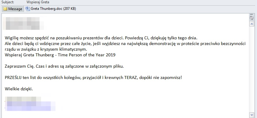 Malicious Email Sample in Polish Highlighting Greta Thunberg
