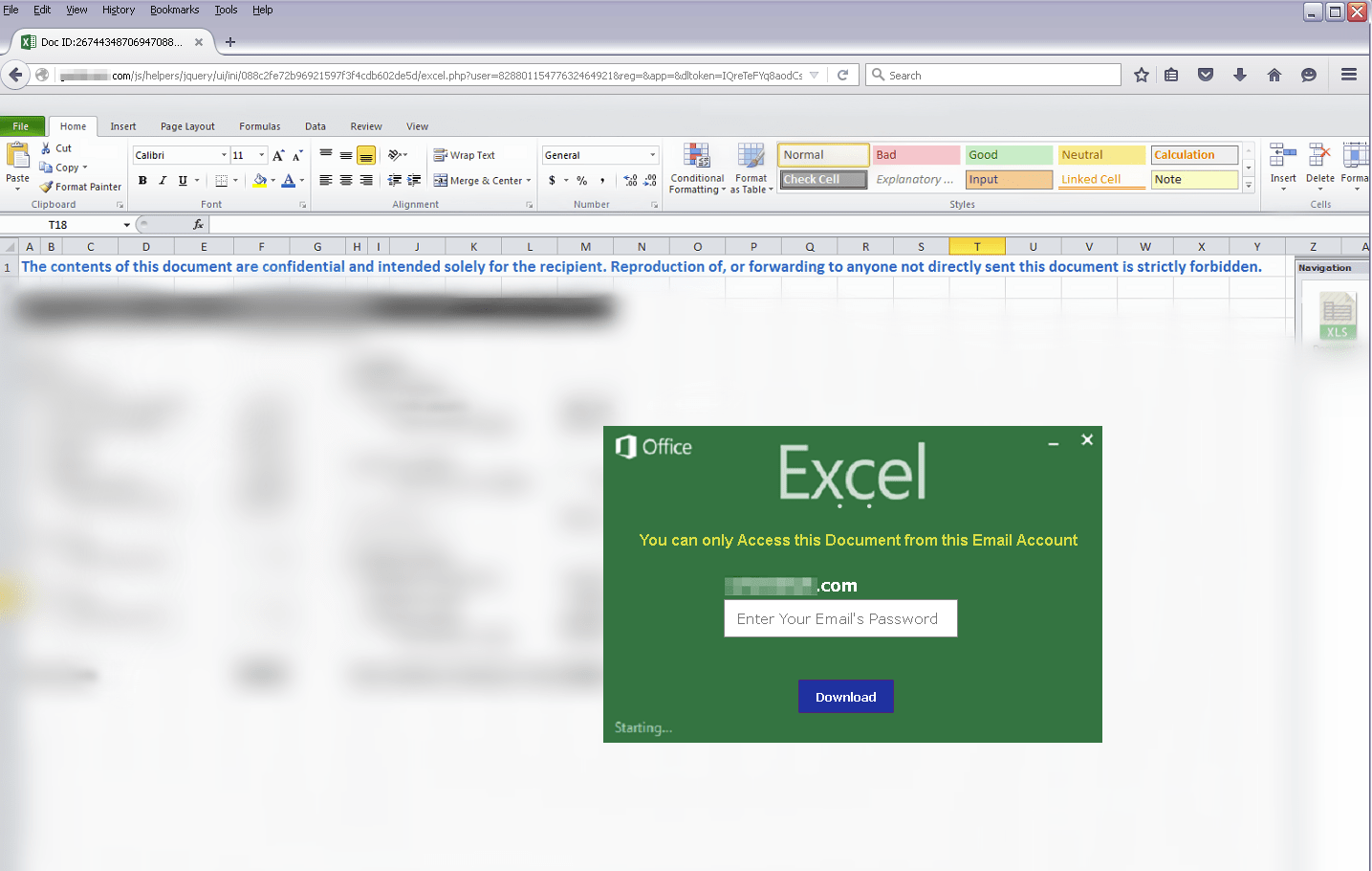 Excel-themed credential phishing lure