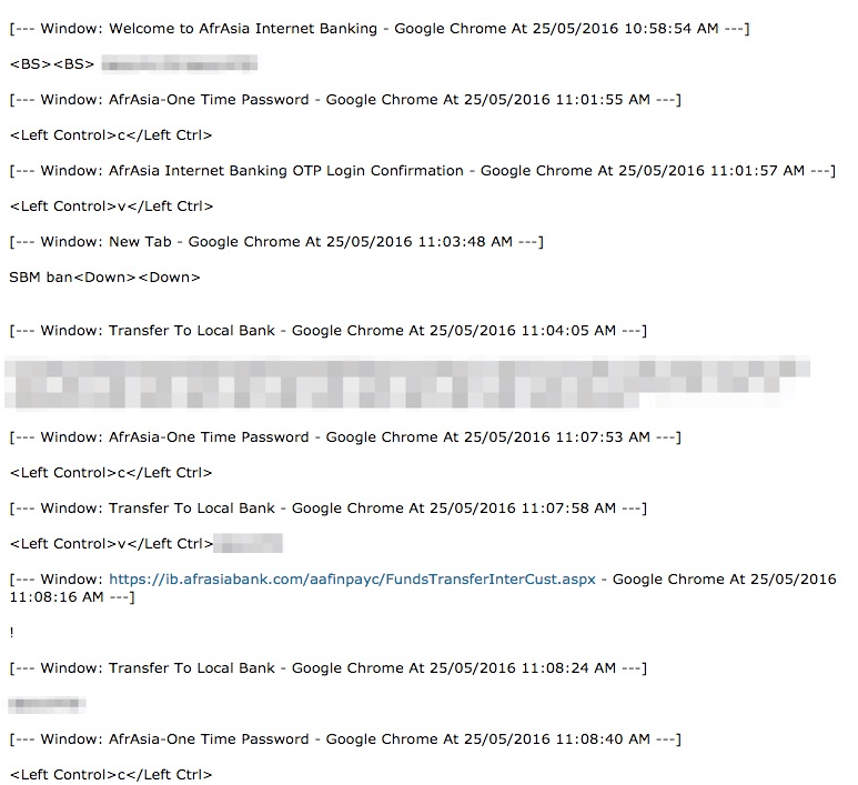 Keylogging of user initiating a bank transfer