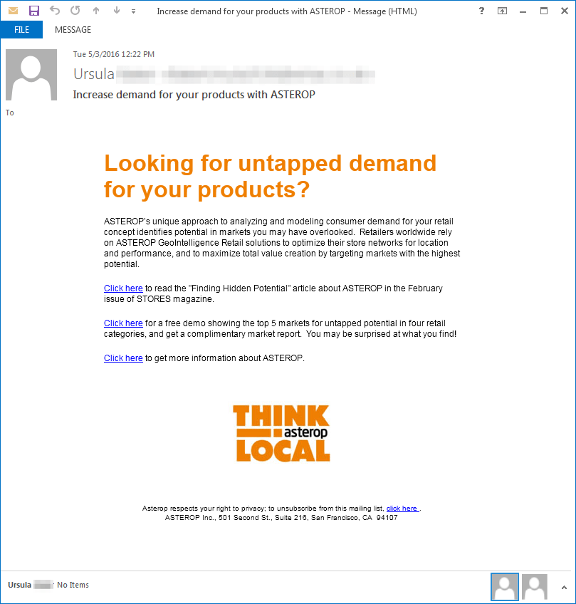 Email lure featuring stolen branding from Asterop