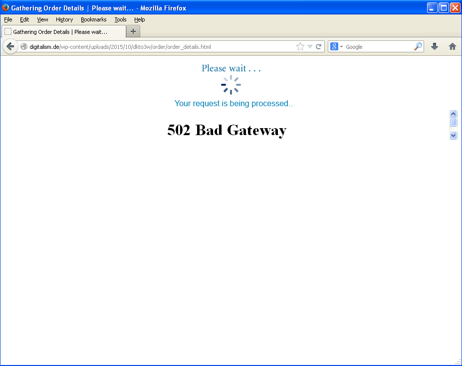 Landing page displaying 502 error