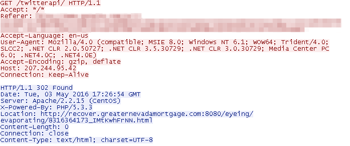 Landing page using HTTP '302' redirection to send user to Angler EK gate