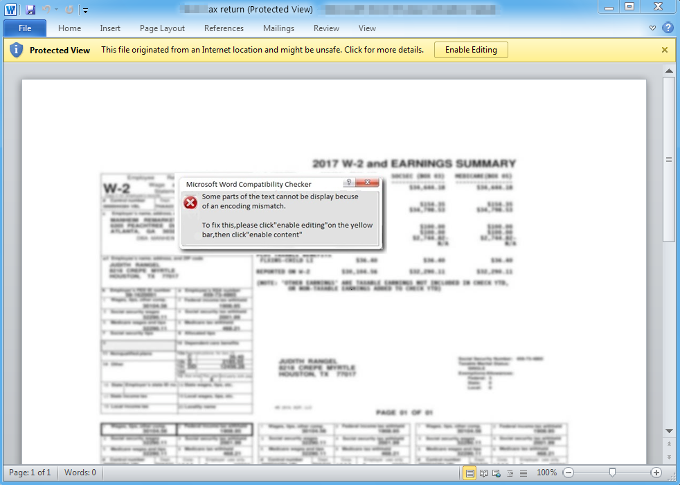 Malicious document attachment with fake error dialog