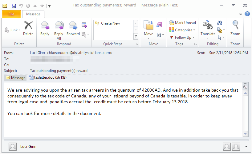 Tax-themed email lure for Pykbot / Pkybot campaign