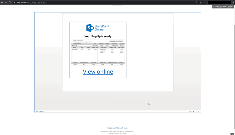 A simulated phishing attack using a malicious URL in an embedded Word document within a Microsoft Sway page