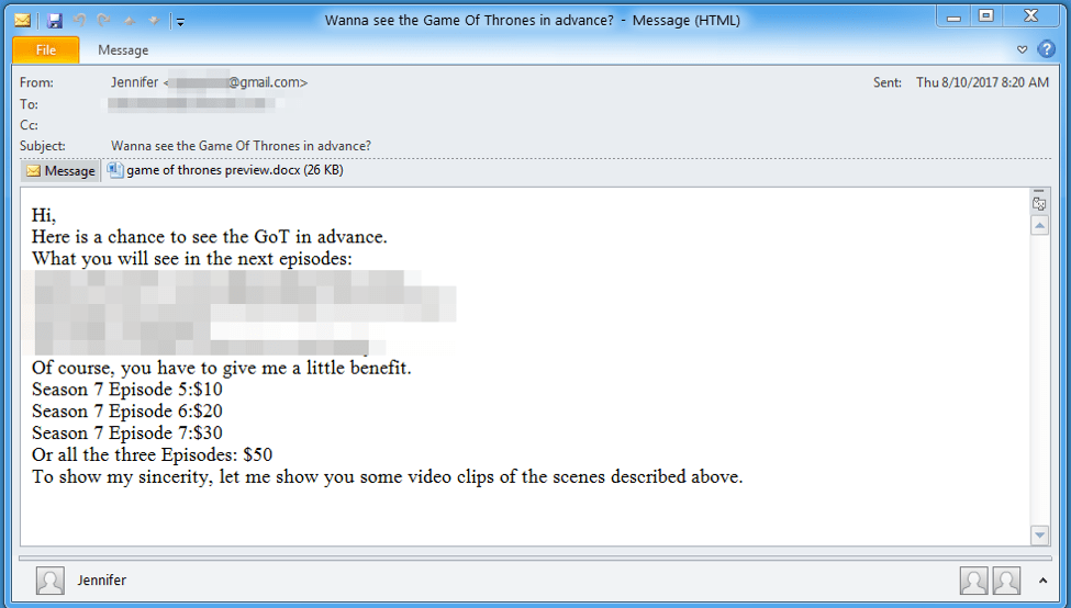 Email message with potential spoilers containing a .docx attachment