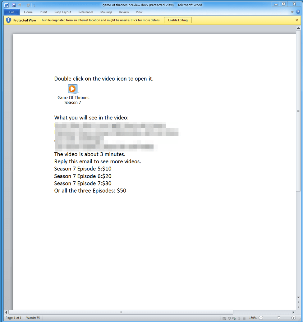 .docx document attachment containing malicious .LNK packager object