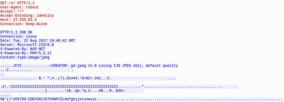 HTTP request with User-Agent receiving legitimate JPG instead of payload