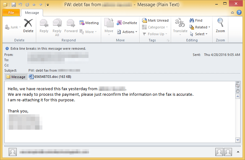 Example email spreading Vawtrak