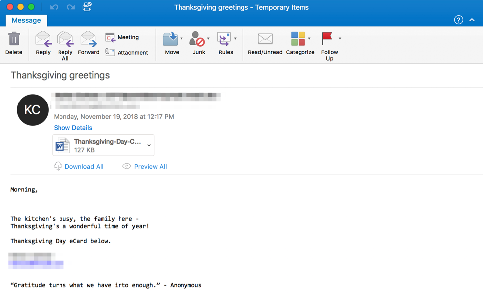 Email using Thanksgiving e-card theme with malicious attachments to distribute Emotet