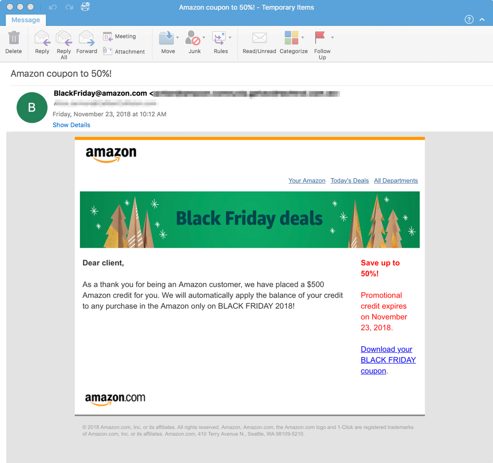 Black Friday-themed Emotet lure using stolen Amazon branding