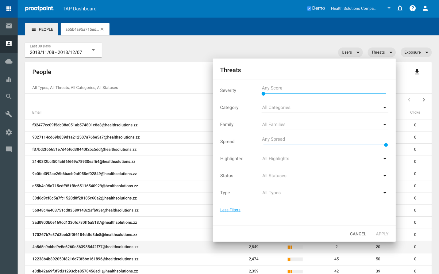 Proofpoint TAP dashboard, threats filter