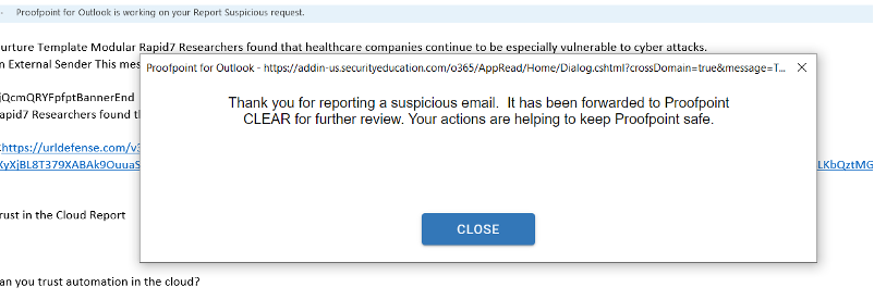 Proofpoint CLEAR Thank You Message