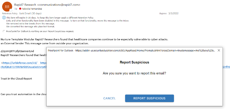 Proofpoint Report Suspicious Phish Button