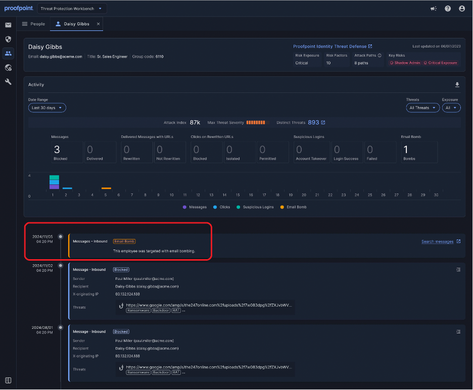Proofpoint Prime detects and remediates subscription email bombing attacks. 