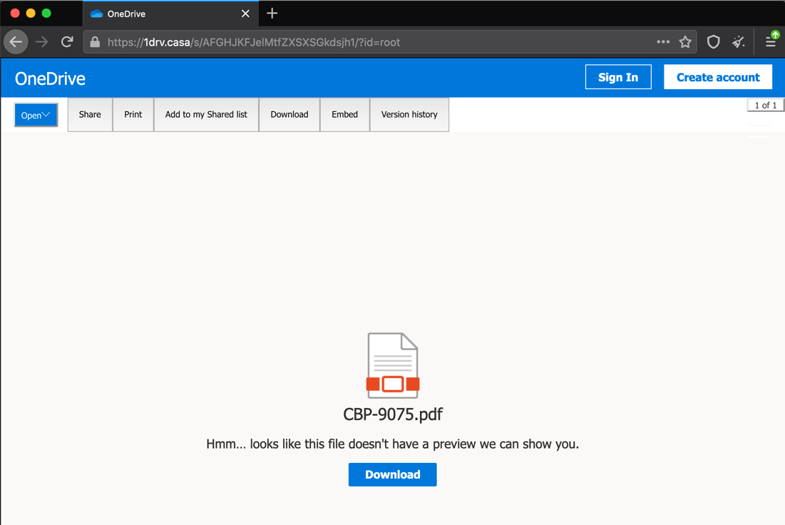 Microsoft’s OneDrive Service with Image of PDF Doc Logo Titled CBP-9075.pdf