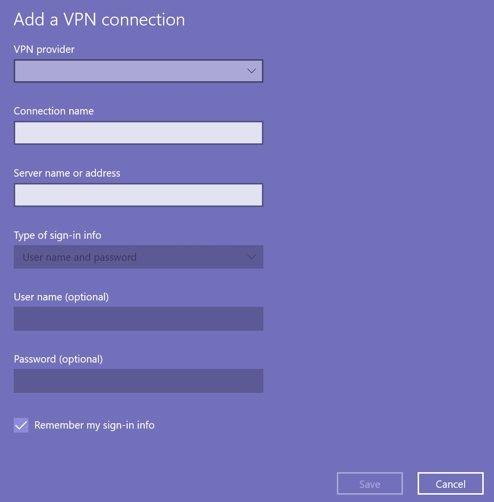 Schermata di Configurazione Aggiungi una Connessione VPN