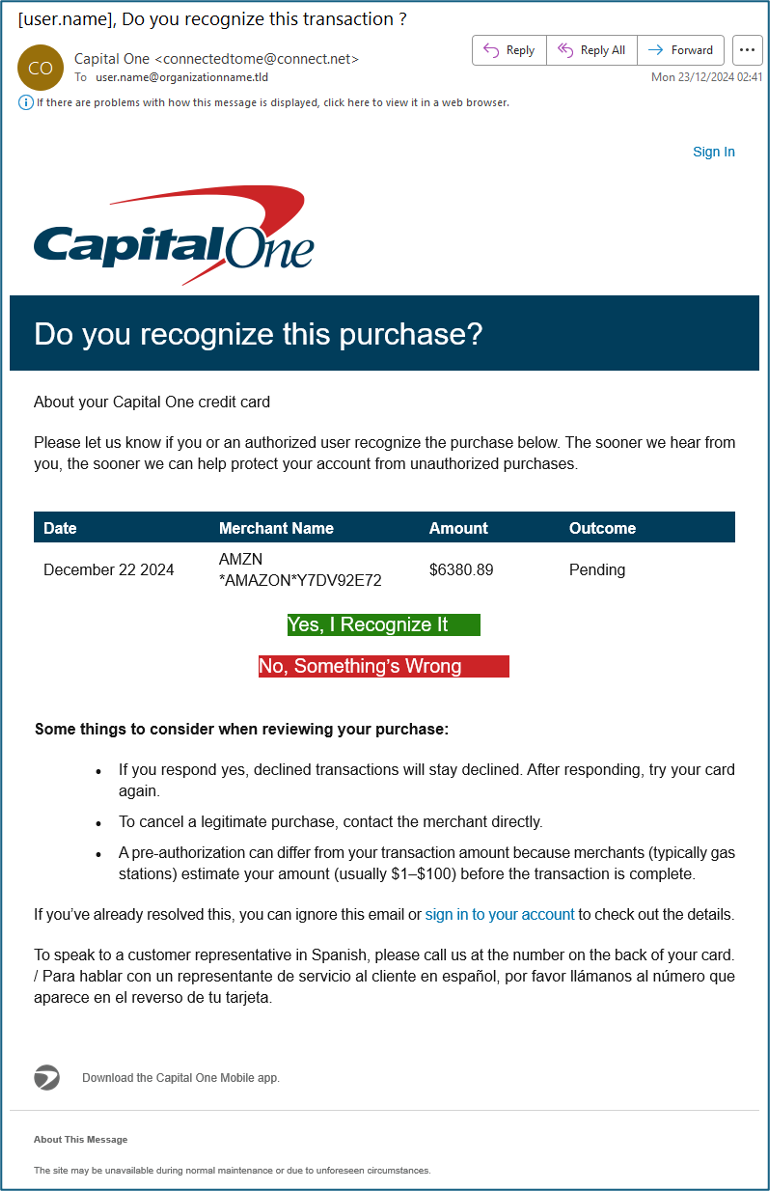 Capital one phishing email