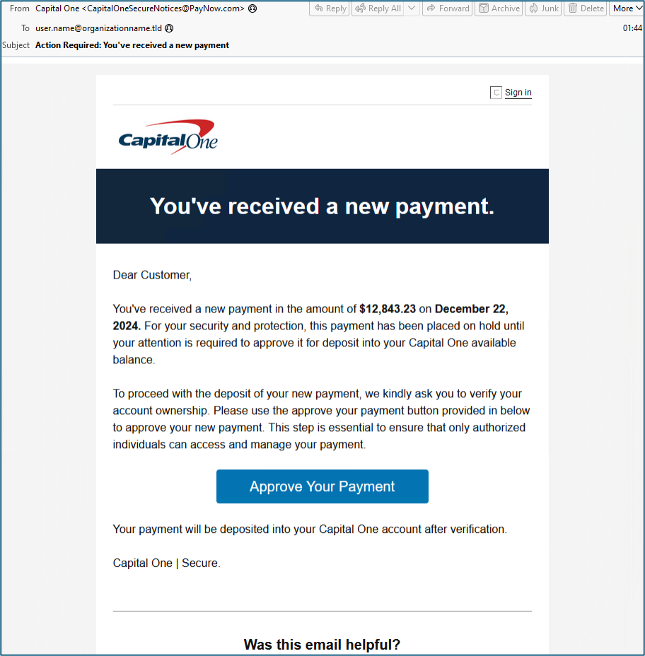 Capital one phishing lure saying you’ve received a new payment
