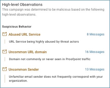 Condemnation summary of signals Proofpoint used to detect the campaign