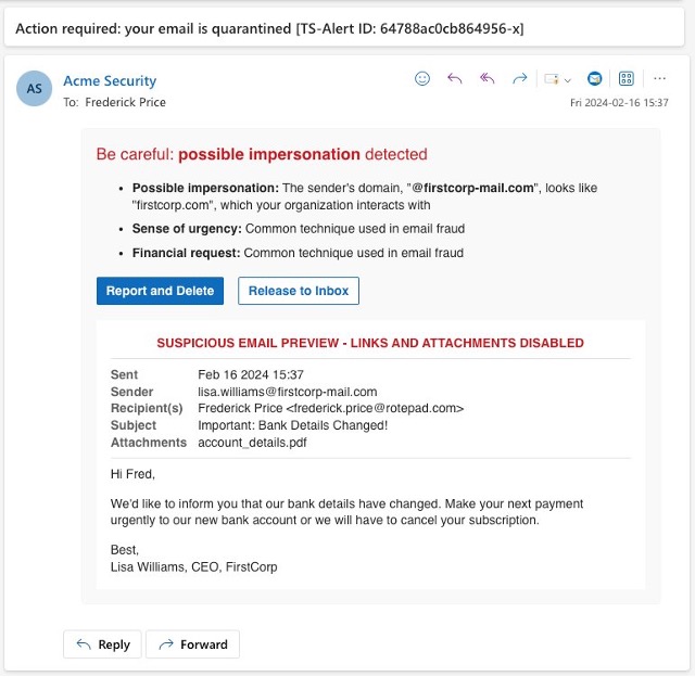 E-Mail mit Popup-Meldung zu verdächtigen Merkmalen.