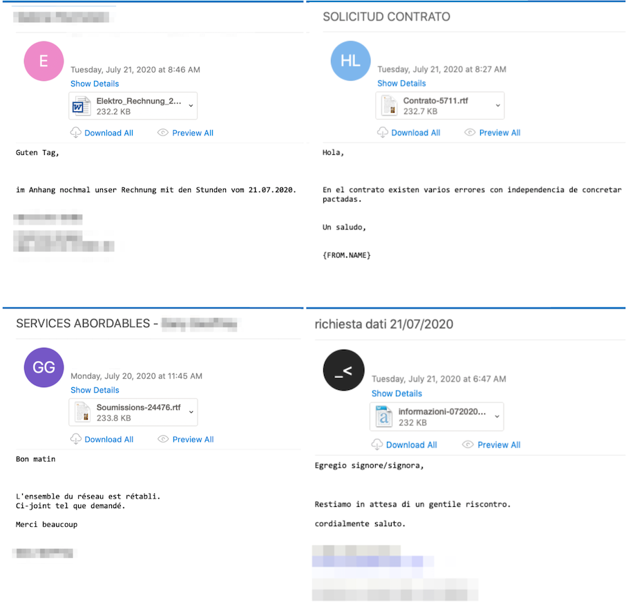Exemples d'emails avec un malware Emotet livré par un document .docw ou .rtf