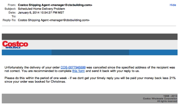 Exemple de courriel de phishing provenant de Costco